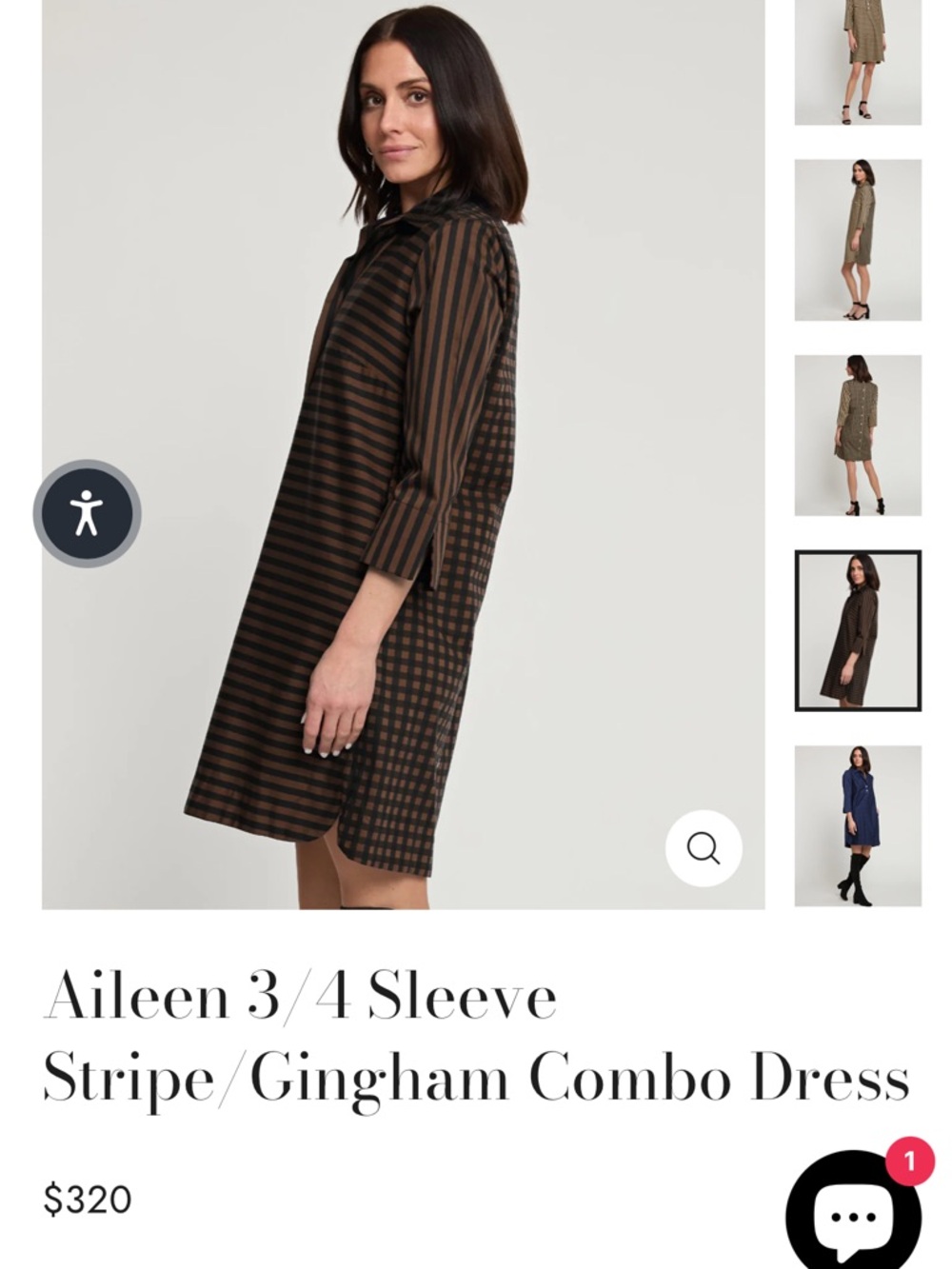 Hinson Wu Aileen 3/4 Sleeve Stripe/Gingham Combo Dress in Caramel / Black